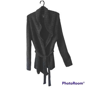 New York & Company Mohair Blend Belted Cardigan Charcoal Knit Sweater Size Large